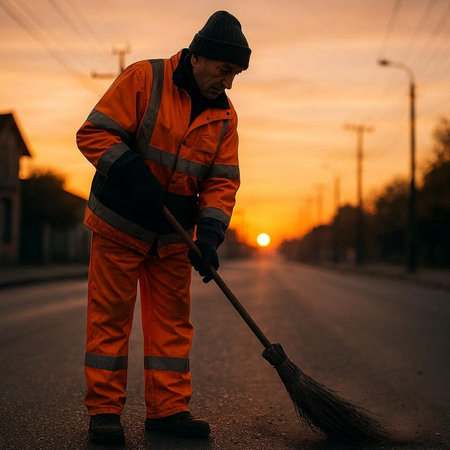 Worker cleans the road with a broom on the background of the setting sun