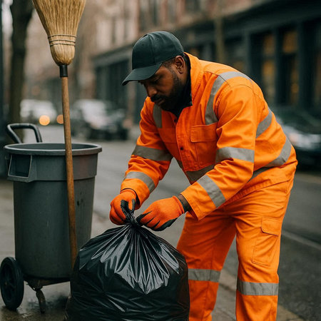 Male janitor cleaning street with broom and trash can. Cleaning service concept.