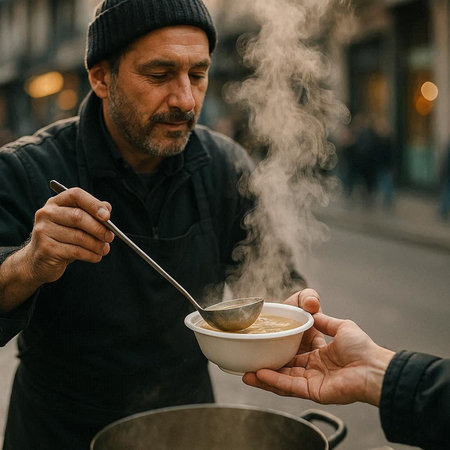 A man in a hat and a black T-shirt is cooking soup on a street in the city.