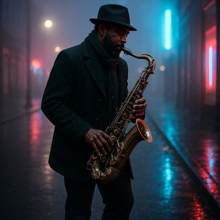 African american jazz musician playing the saxophone in the street at night.