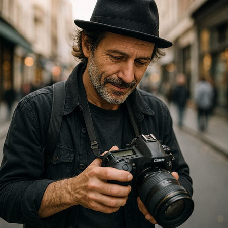 Portrait of a mature man with a camera in the city.