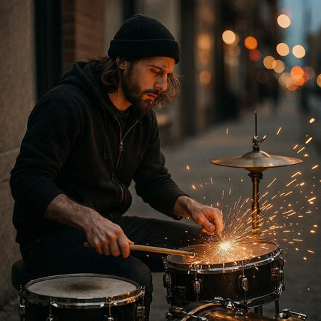 Street musician playing drums on the street. Portrait of a bearded man in a black hat and t-shirt.