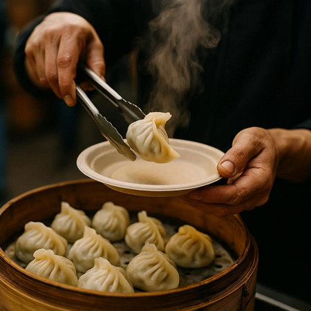 Close-up of a man's hand holding a plate of steamed dumplings