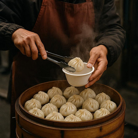 Steamed dumplings in a bamboo steamer on a black background