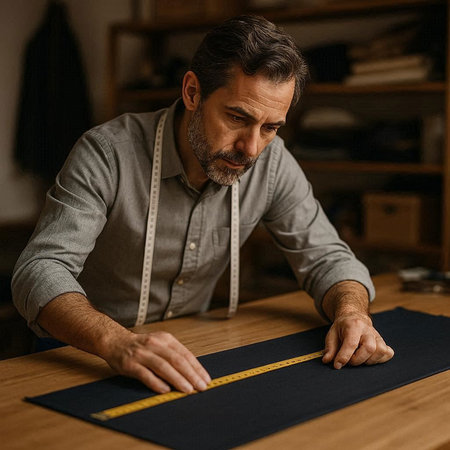 Portrait of mature male fashion designer using measuring tape while working in his studio
