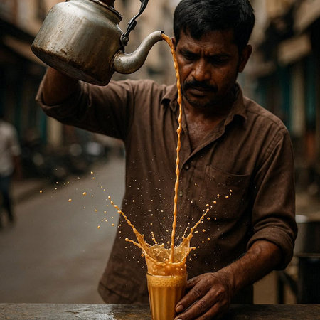 Indian man pouring coffee from teapot into a glass of coffee