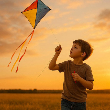 Cute little boy with kite on field at sunset time.