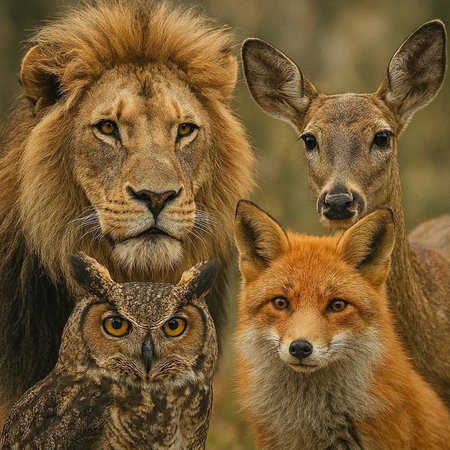 Portrait of a lion and two fawns looking at camera