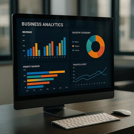 Business Data Analysis Analytics Statistics Information Concept. Modern computer screen with business graph on screen.