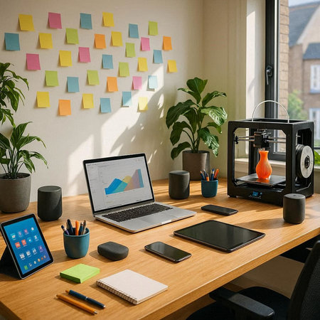 Interior of modern office workplace with laptop, smartphone, tablet, coffee cup, stationery and colorful stickers on wall