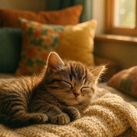 Cute tabby kitten sleeps on a warm knitted blanket.