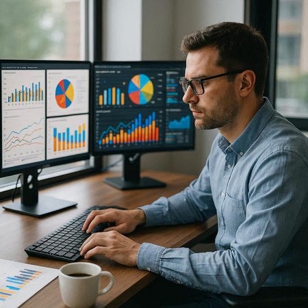 Handsome young businessman in eyeglasses working on computer in office
