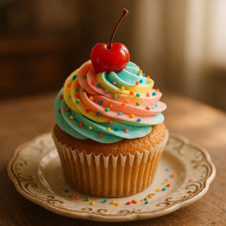 Cupcake with colorful cream and cherry on a plate, close up