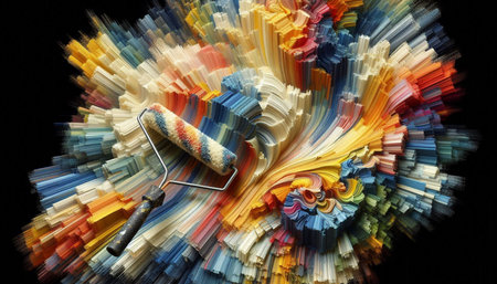 Paint roller with colorful paint on a black background. Painting concept