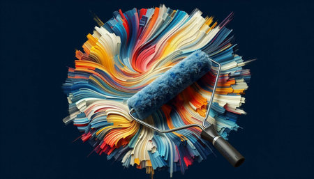 Paint roller with colorful paint on a blue background. Top view