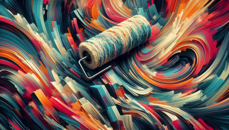 Colorful paint roller on abstract background. 3D Rendering.