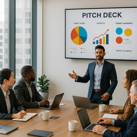 Business people in a meeting with financial charts and graphs in the background