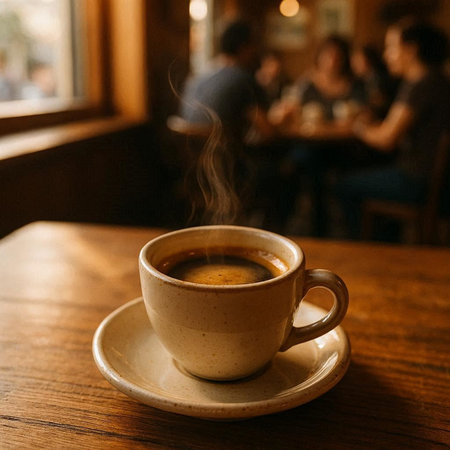 Cup of coffee on a wooden table in a coffee shop.