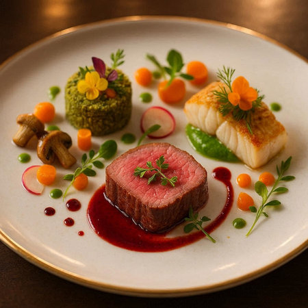 Duck fillet mignon with garnish on white plate