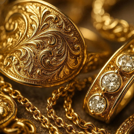 Jewelry background with gold and precious stones, close-up