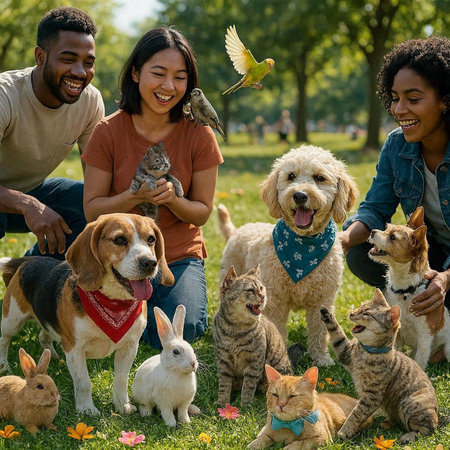 Group of diverse friends having fun together with their pets in the park