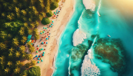 Aerial view of beautiful tropical beach and sea with coconut palm tree at sunset time