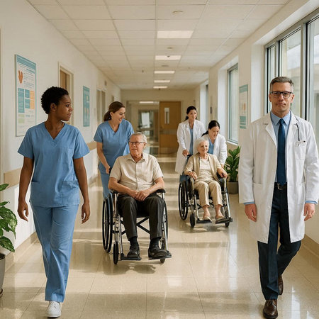 Group of doctors and nurses in a hospital corridor with senior patient in a wheelchair