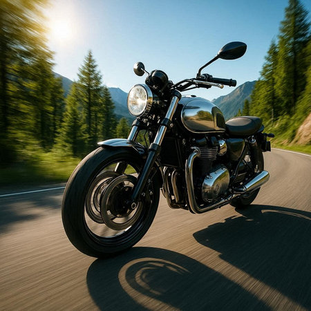 Motorcycle on the road in the mountains. Motion blur effect.