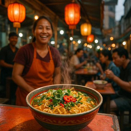 Bowl of spicy noodle soup with a woman in the background