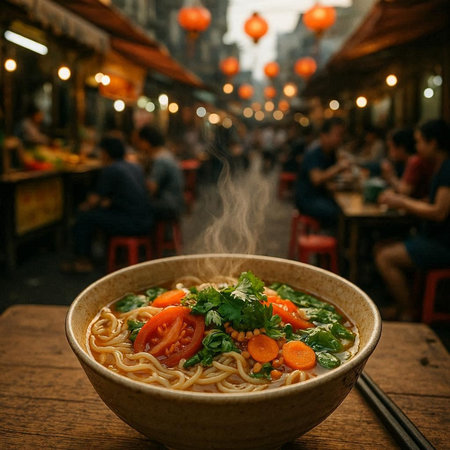 Chinese noodle soup in a bowl on a wooden table in a restaurant
