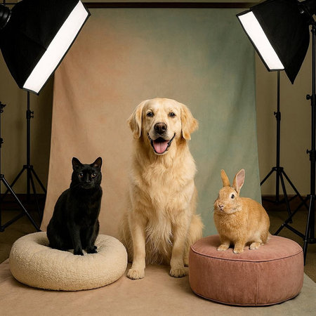 Golden retriever, black cat and rabbit sitting together in photo studio