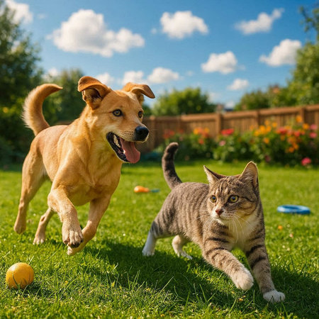 Cat and dog playing together in the garden on a sunny day.