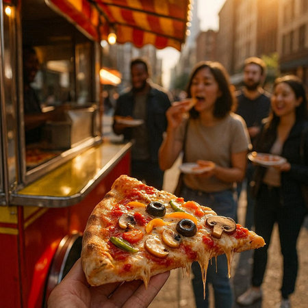 Young people eating pizza at street food festival in New York City.