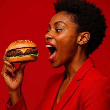 Beautiful african american woman eating hamburger on red background