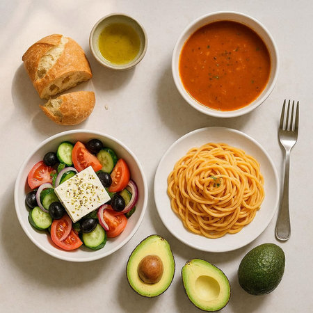 Healthy lunch bowl with pasta, avocado, tomato, cucumber and olives