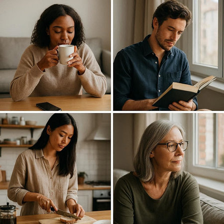 collage of young woman reading book while her husband drinking coffee at home