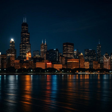 Chicago skyline at night with reflection in lake Michigan, Illinois, USA.