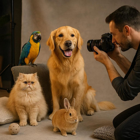Photographer taking photo of golden retriever dog, cat and parrot