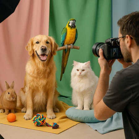 Photographer taking photos of golden retriever, macaw and cat