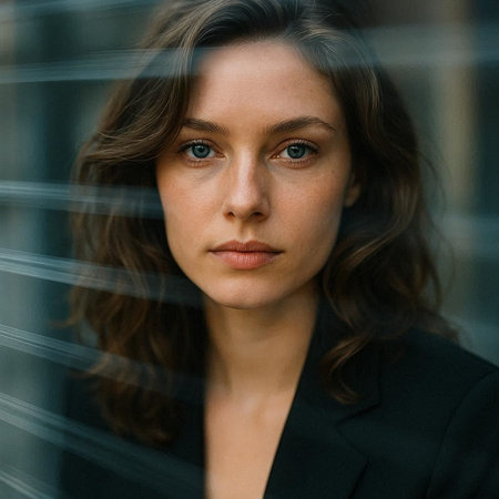 Portrait of a beautiful brunette woman in a black suit.