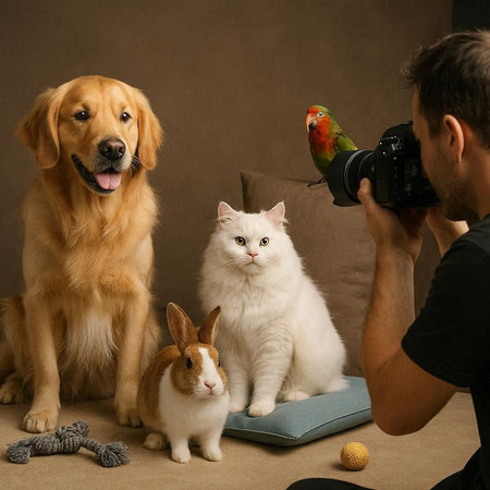 Photographer taking picture of dog, cat, rabbit and cockatoo