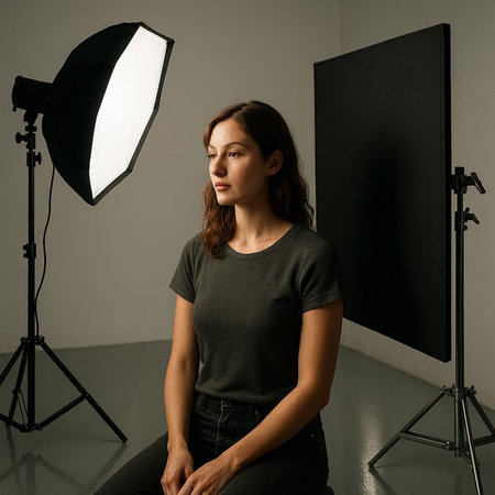 Portrait of a beautiful young woman in a photo studio on a gray background