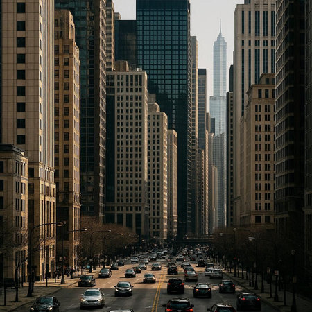 Street view of skyscrapers in downtown Chicago.