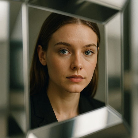 Portrait of a beautiful young woman looking at the camera through the mirror