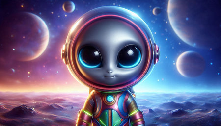 3D rendering of a cute little alien in outer space background.