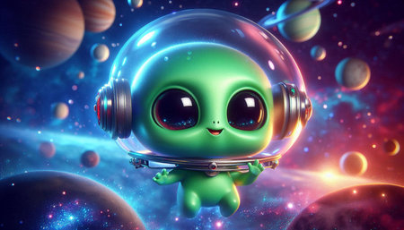 alien with headphones and planets in space. 3d illustration. eps10