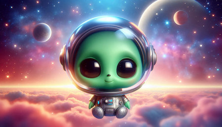alien in the space with stars and moon. 3d illustration.