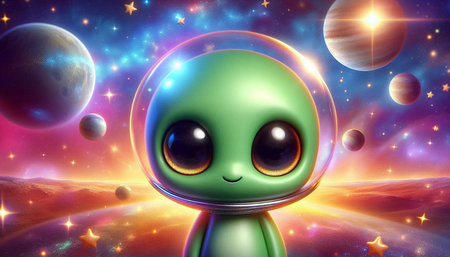 alien in space with planets and stars, 3d illustration, horizontal