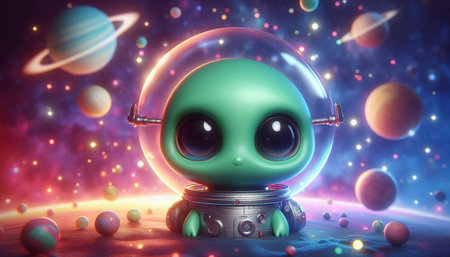 alien in space with planets and stars. 3d illustration. retro style