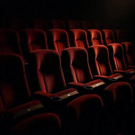 Cinema auditorium with rows of red seats illuminated by spotlight